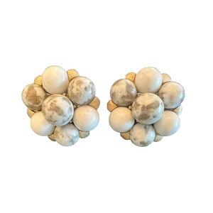 Vintage 1955 RARE Glass Beaded CROWN TRIFARI Cluster Brushed Gold Earrings